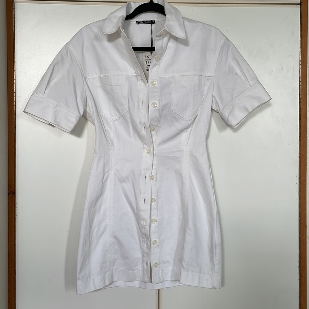 White denim mini button up dress